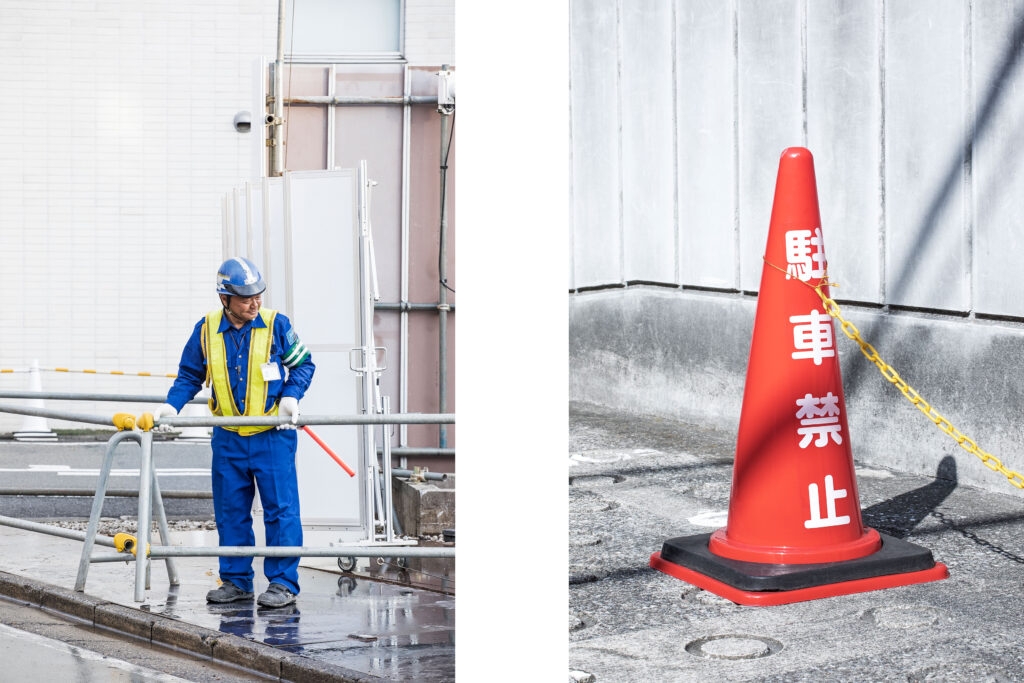 Tokyo streets, Japanese worker, traffic cone, Daikanyama, Tokyo street photography