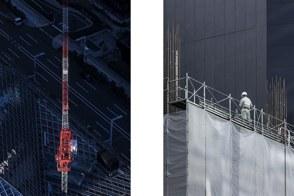 Tokyo streets, Japanese worker, crane, skycraper, Shinjuku, Tokyo street photography