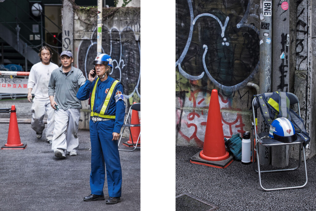 Japanese workers, Tokyo streets, traffic cone, Harajuku, Tokyo street photography