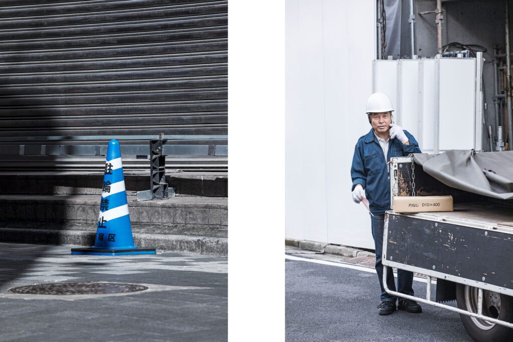 Tokyo streets, traffic cone, Japanese worker, Tokyo street photography